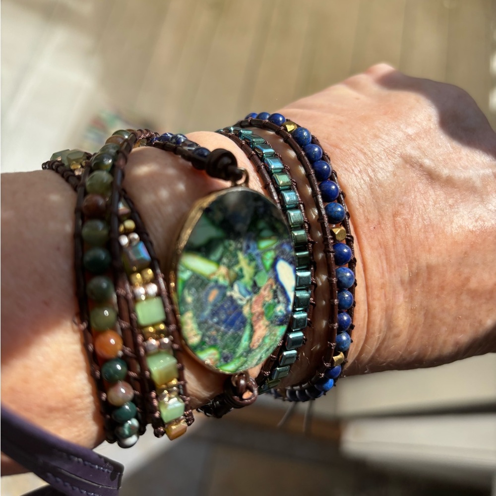 CLEARANCE Boho Handmade Natural Leather Bead Wrap Bracelet GREEN/BLUE JASPER - Picture 5 of 6